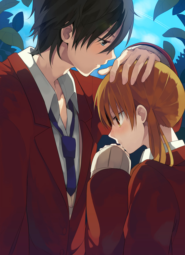 1girl black_hair blue_eyes blush brown_eyes brown_hair hand_on_another's_head hiyo_kiki leaf mizutani_shizuku necktie profile school_uniform short_hair tonari_no_kaibutsu-kun twintails yoshida_haru