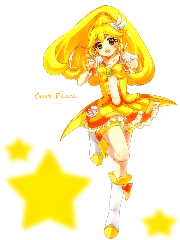 :d bike_shorts blonde_hair boots bow character_name choker cure_peace double_v hair_flaps kise_yayoi long_hair magical_girl open_mouth ponytail precure shorts shorts_under_skirt skirt smile smile_precure! solo tiara v wrist_cuffs yellow yellow_bow yellow_eyes yellow_shorts yellow_skirt