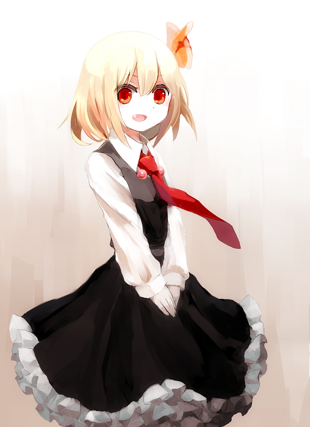 60mai :d blonde_hair fang hair_ribbon necktie open_mouth red_eyes red_neckwear ribbon rumia short_hair skirt smile solo touhou v_arms