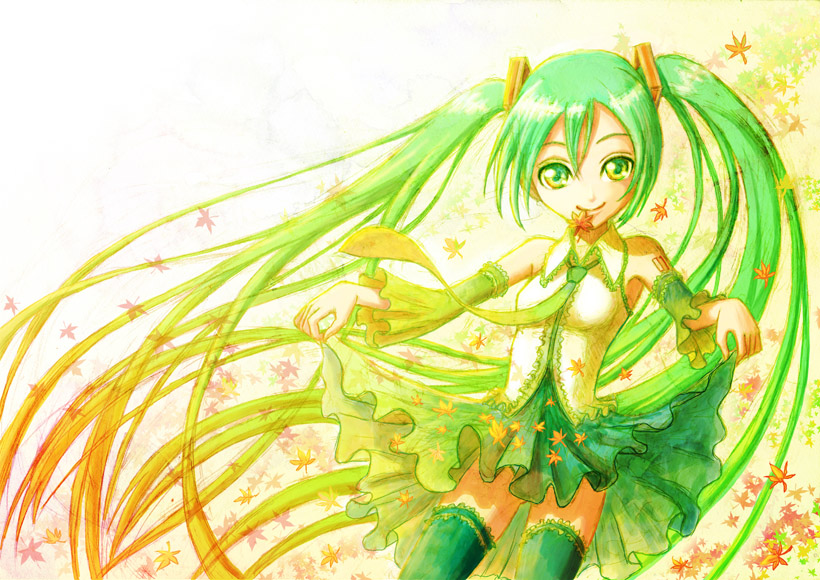 detached_sleeves green_eyes green_hair hatsune_miku leaf long_hair necktie pavelnedved11 skirt_hold smile solo thighhighs twintails very_long_hair vocaloid