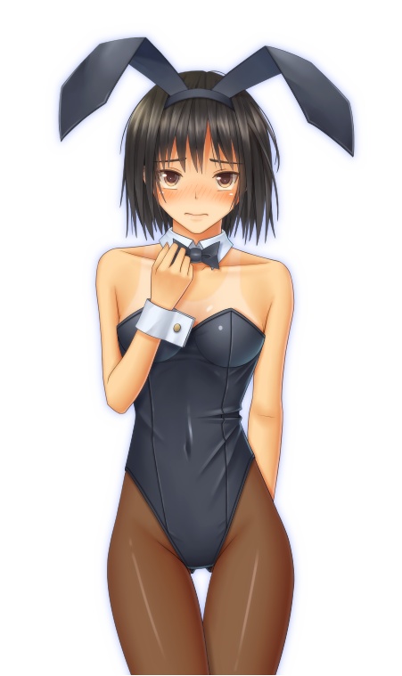 amagami animal_ears black_hair bow bowtie brown_eyes bunny_ears bunny_tail bunnysuit detached_collar nanasaki_ai pantyhose short_hair simple_background solo tail takeru_(at_will) tan tanline thigh_gap white_background wrist_cuffs