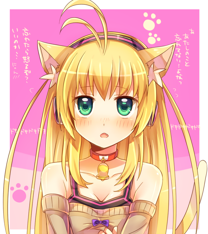 animal_ears antenna_hair bare_shoulders bell bell_collar blonde_hair blush cat_ears cat_tail collar fang green_eyes headphones long_hair moe_on_drop open_mouth paw_print solo tail translated tsukuyomi_ai upper_body voiceroid