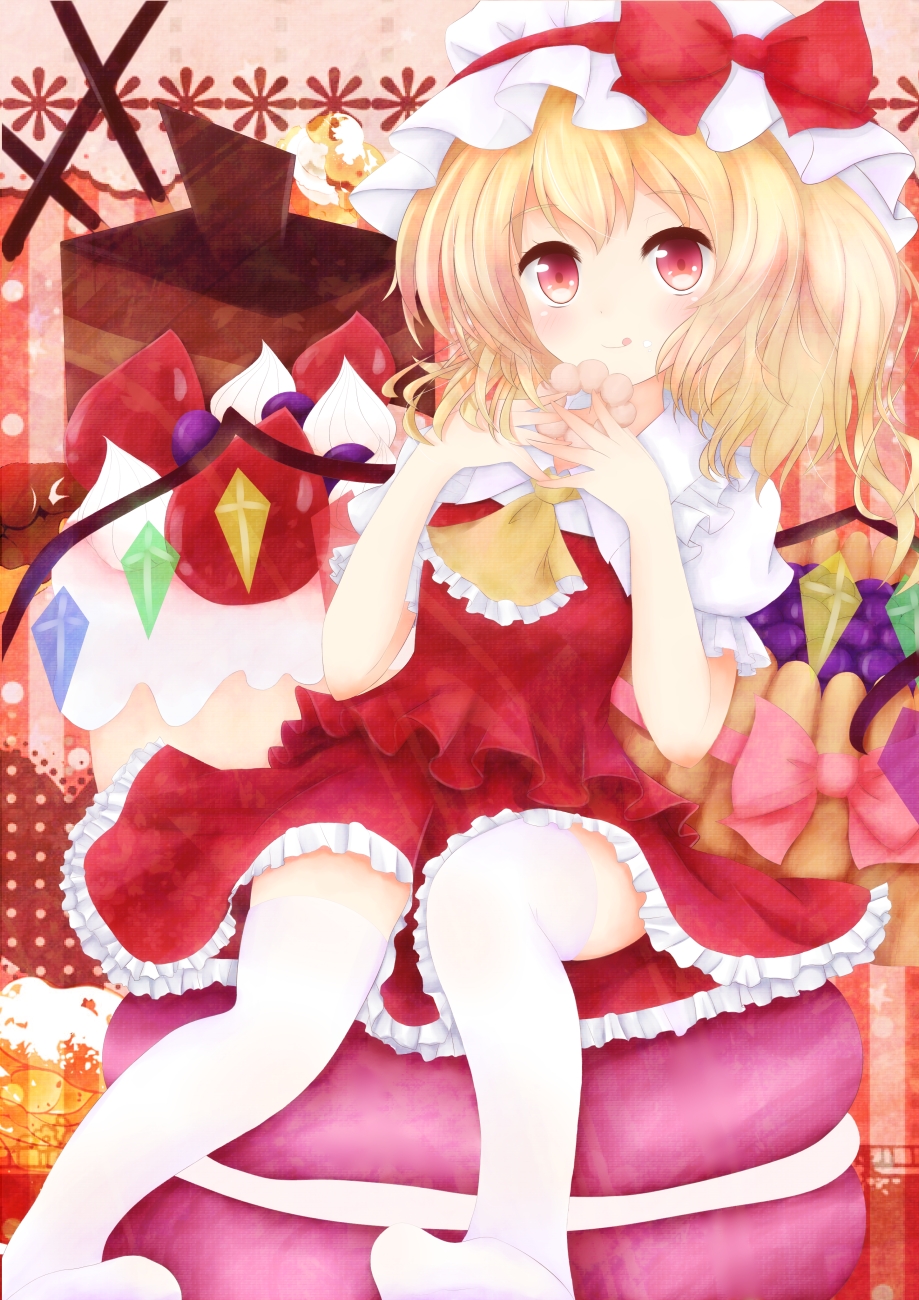 1girl :d ascot blonde_hair blush bow cake doughnut female flandre_scarlet food hat hat_bow highres md5_mismatch no_shoes open_mouth oversized_object pocky red_eyes short_hair side_ponytail sitting skirt skirt_set smile solo sweets thighhighs touhou uduki white_legwear wings