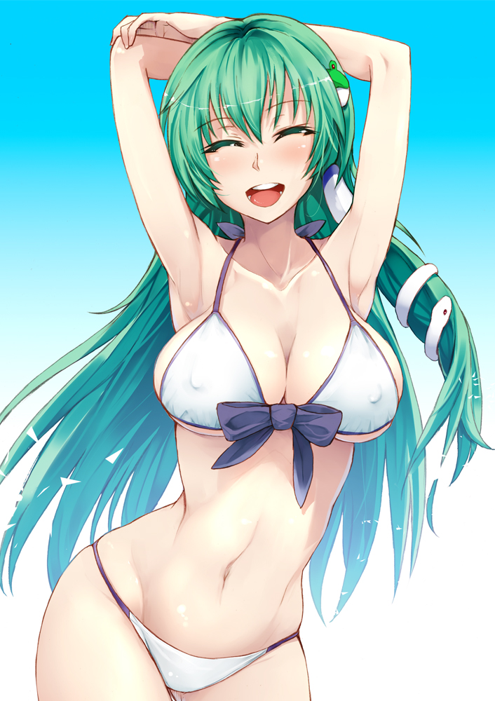 :d ^_^ arm_up armpits arms_up bikini blush breasts closed_eyes covered_nipples frog_hair_ornament gentsuki gradient gradient_background green_hair hair_ornament hair_tubes kochiya_sanae large_breasts long_hair midriff navel open_mouth smile snake solo swimsuit touhou