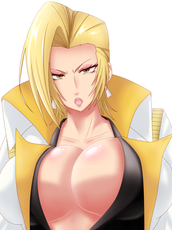 bad_id bad_pixiv_id blonde_hair breasts charlemagne_(monsuno) cleavage earrings jewelry large_breasts lipstick makeup monsuno open_mouth saogokushi short_hair solo yellow_eyes