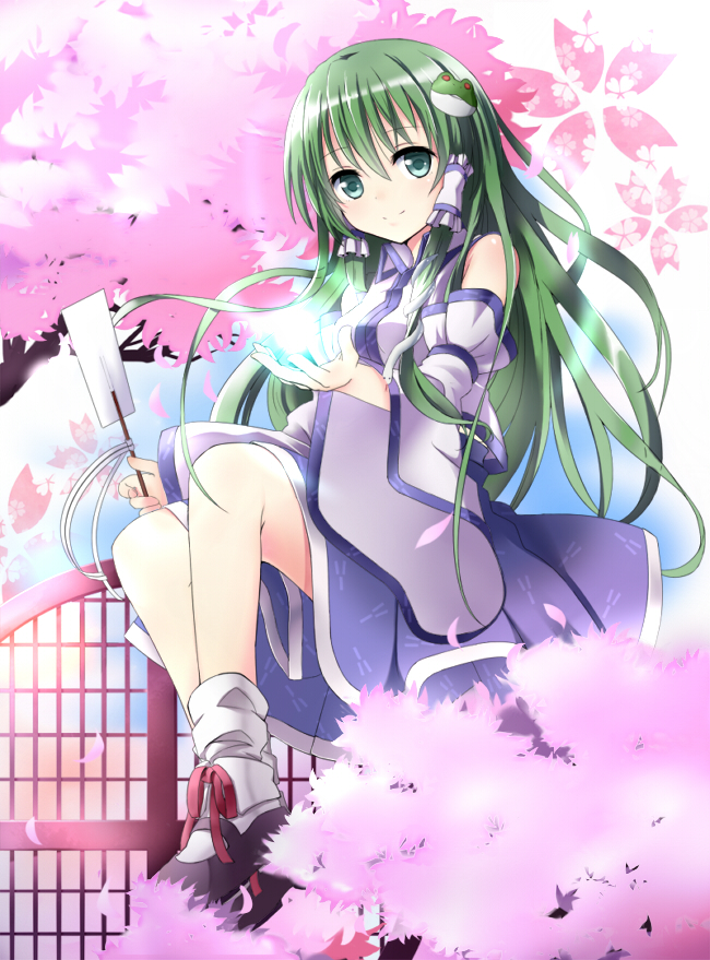 blue_skirt cherry_blossoms detached_sleeves eyebrows_visible_through_hair frog_hair_ornament gohei green_eyes green_hair hair_ornament hair_tubes holding kochiya_sanae long_hair looking_at_viewer mary_janes md5_mismatch miya_(tokumei) petals shoes sitting skirt smile snake_hair_ornament solo touhou