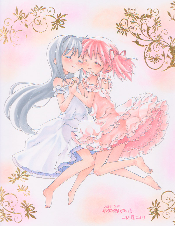 akemi_homura bad_id bad_pixiv_id barefoot blue_hair blush dress hair_ribbon holding_hands interlocked_fingers kaname_madoka koruri long_hair mahou_shoujo_madoka_magica multiple_girls pink_hair pink_skirt ribbon short_hair skirt smile twintails white_dress yuri