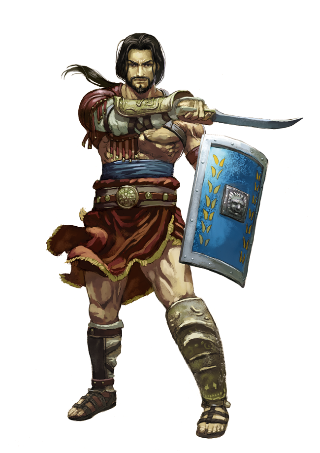 1boy armor beard facial_hair full_body gladiator gladiator_begins gladiator_sandals gulielmus official_art shield standing sword weapon