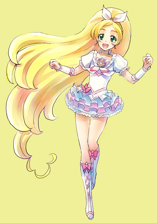 blonde_hair boots brooch choker cure_rhythm earrings frilled_skirt frills full_body green_eyes jewelry knee_boots kurochiroko long_hair magical_girl minamino_kanade ponytail precure simple_background skirt solo suite_precure very_long_hair white_choker yellow_background