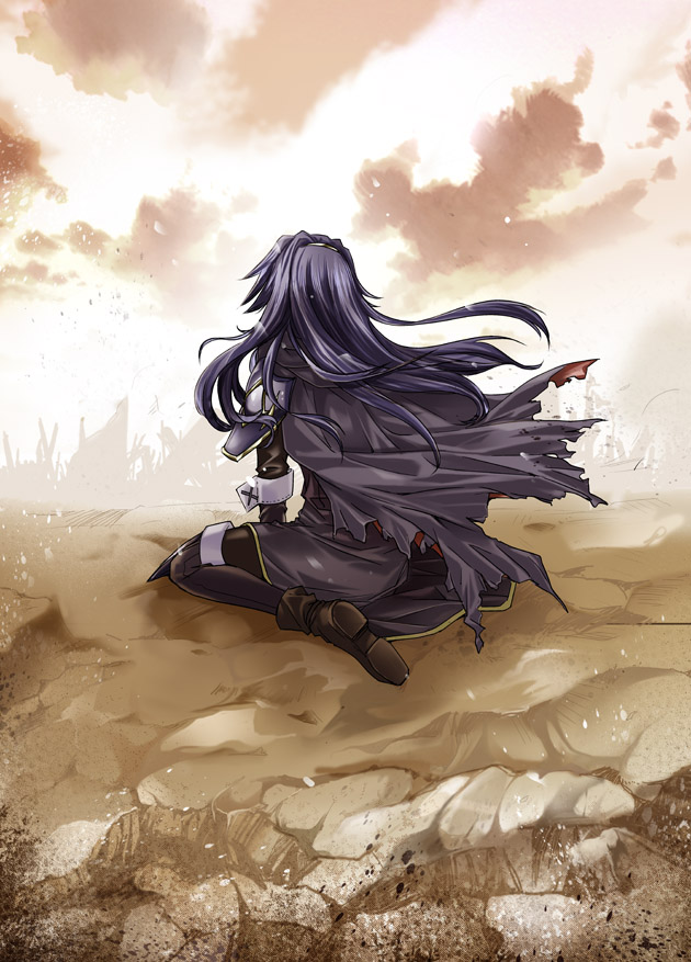 armor blue_hair cape cloud fire_emblem fire_emblem:_kakusei lucina morozumi_(kaorin) on_ground pantyhose sitting sky wariza