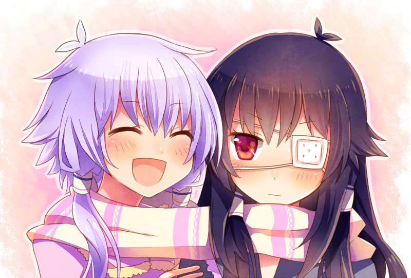 :d ^_^ bare_shoulders black_hair blush character_request closed_eyes eyepatch hair_tubes long_hair moe_on_drop multiple_girls open_mouth purple_hair scarf shared_scarf smile vocaloid voiceroid yuzuki_yukari