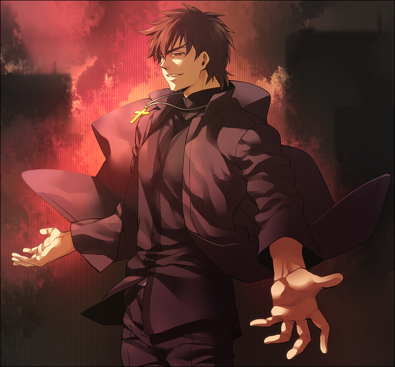 brown_eyes brown_hair cassock cross cross_necklace fate/zero fate_(series) jewelry kotomine_kirei male_focus necklace solo zihad