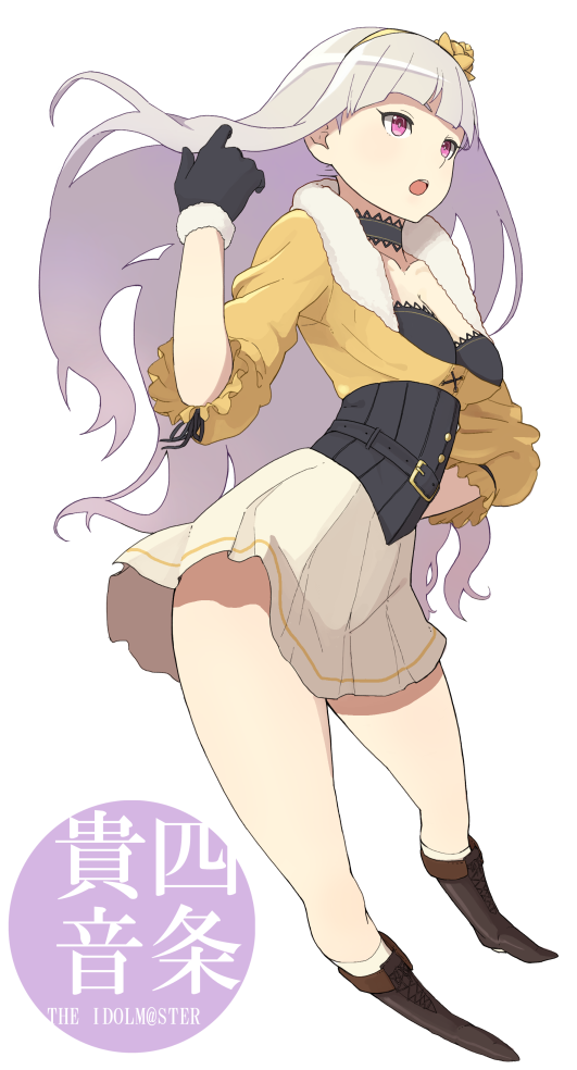 :o accio bad_id bad_pixiv_id beyond_the_nobles boots breasts character_name cleavage copyright_name flower gloves hair_flower hair_ornament hairband idolmaster idolmaster_(classic) long_hair medium_breasts purple_eyes shijou_takane silver_hair skirt solo