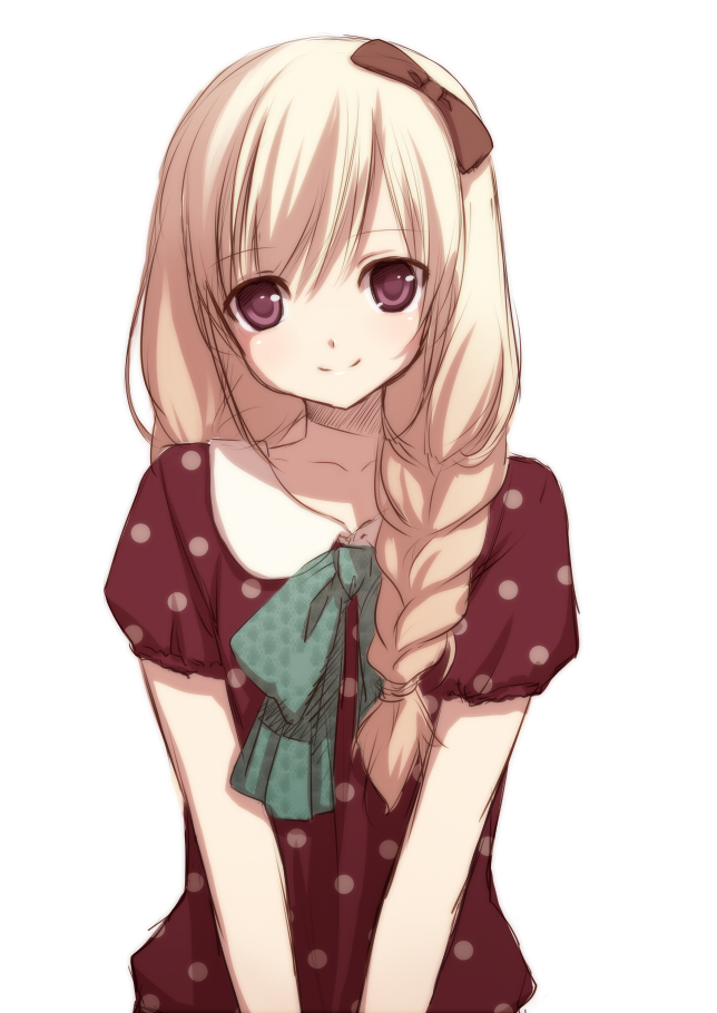 bare_shoulders blonde_hair bow braid collarbone hair_bow hair_over_shoulder long_hair looking_at_viewer nana_mikoto original polka_dot red_eyes side_braid simple_background single_braid sketch smile solo v_arms white_background
