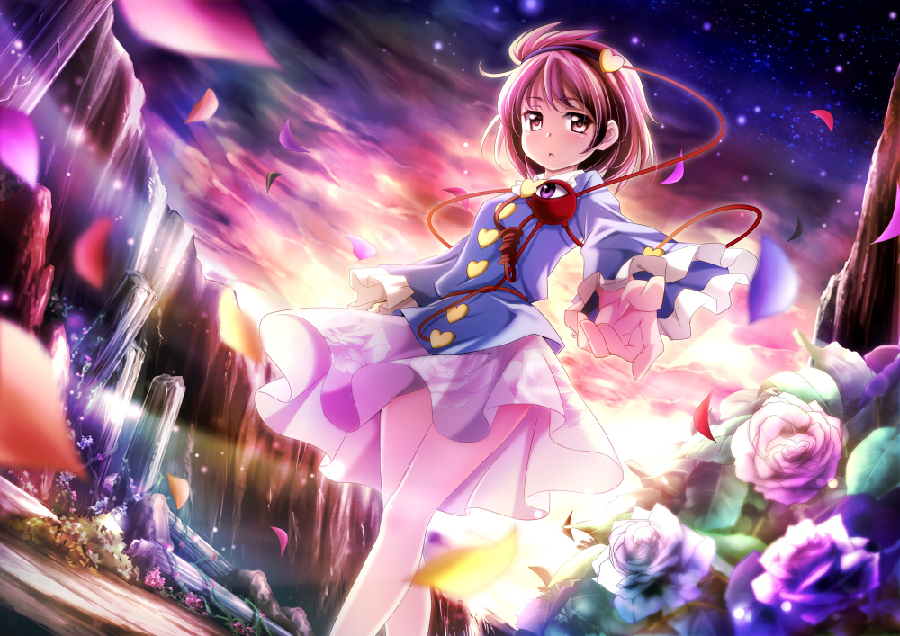 ayase_midori flower hairband heart komeiji_satori looking_at_viewer outstretched_arm petals pink_eyes pink_hair rubble short_hair skirt sky solo third_eye touhou wide_sleeves wind