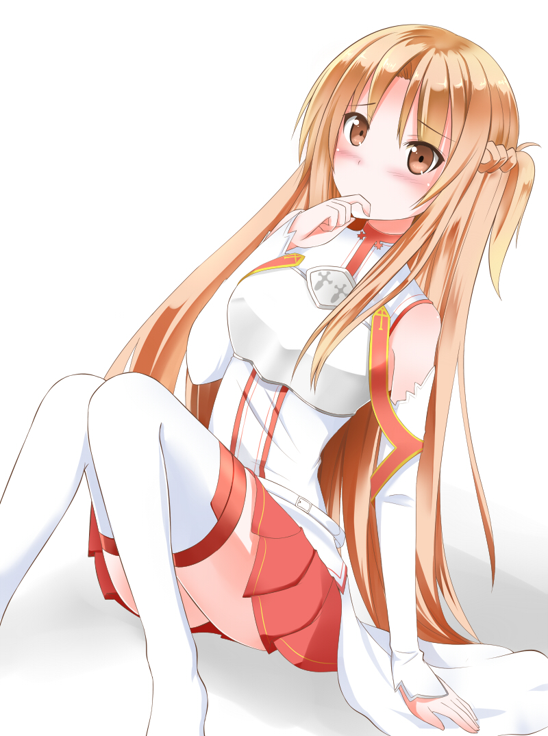 asuna_(sao) bare_shoulders blush breastplate brown_eyes brown_hair catstudioinc_(punepuni) detached_sleeves hand_to_own_mouth long_hair skirt solo sword_art_online thighhighs white_background white_legwear