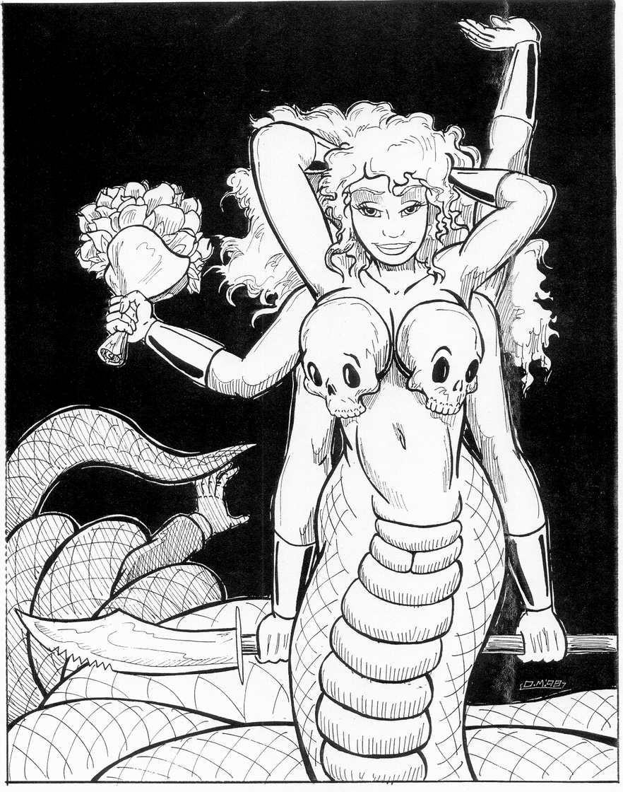 bedroom_eyes big_breasts blonde_hair bouquet bracers breasts coils curly_hair demon female flower greyscale guan_dao hair long_hair looking_at_viewer marilith monochrome multi_limb multiple_arms navel oscar_marcus polearm scalie skull skull_bra smile