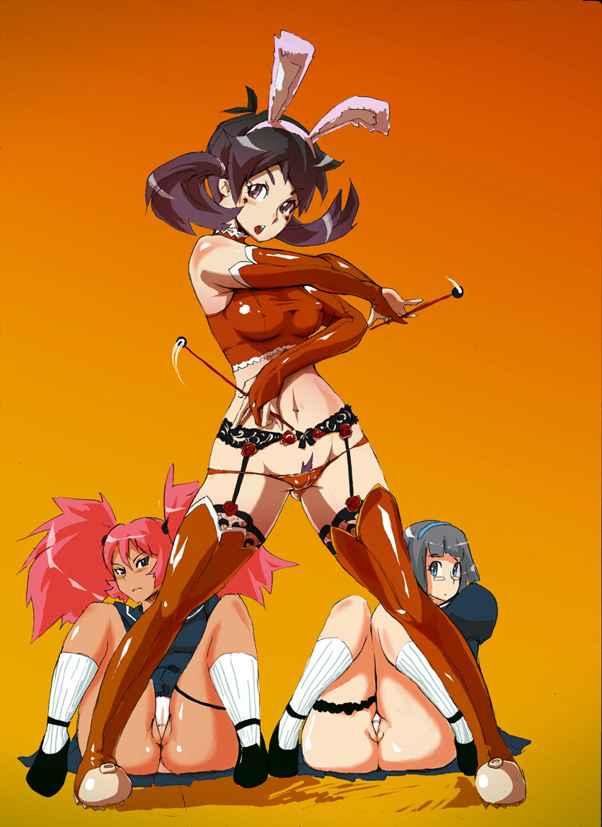animal_ears ass bare_shoulders black_hair boots breasts bridal_gauntlets bunny_ears cameltoe copyright_request covered_nipples elbow_gloves garter_belt gloves gradient gradient_background medium_breasts multiple_girls navel panties pink_hair pubic_hair short_hair twintails underwear white_panties yunioshi
