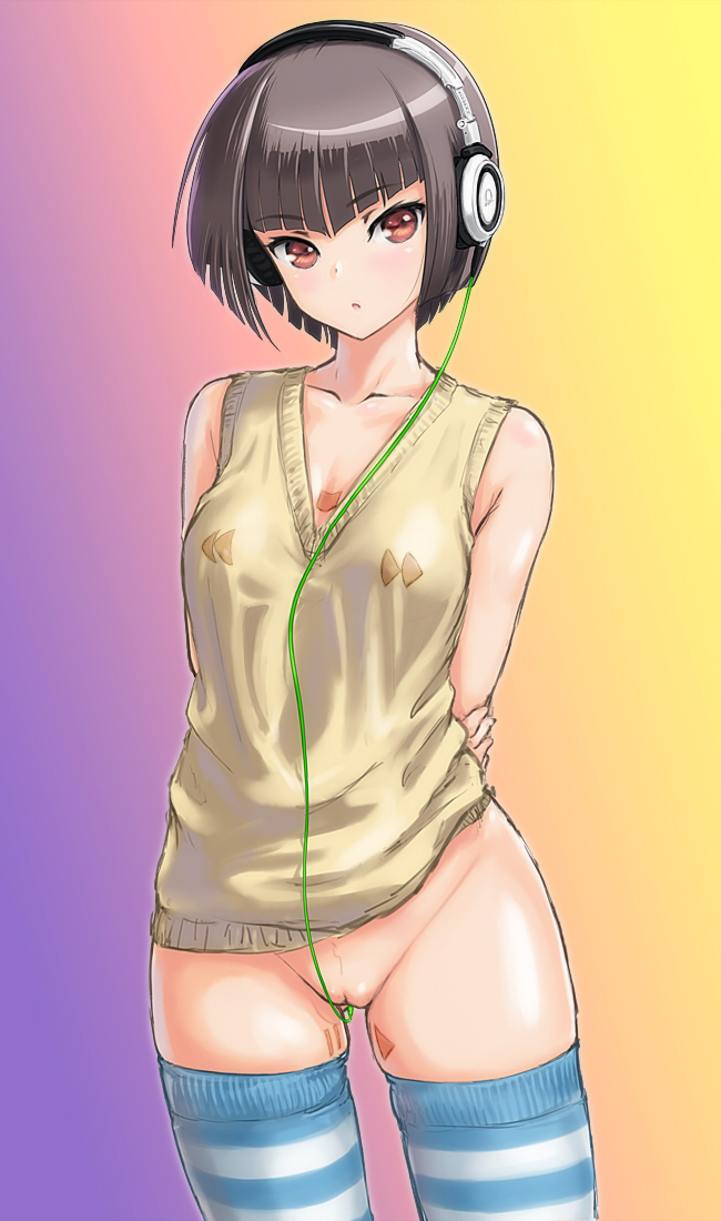 arms_behind_back black_hair bob_cut brown_hair cable collarbone groin headphones looking_at_viewer naked_sweater no_panties original pussy rasukaru short_hair solo striped striped_legwear sweater sweater_vest thighhighs