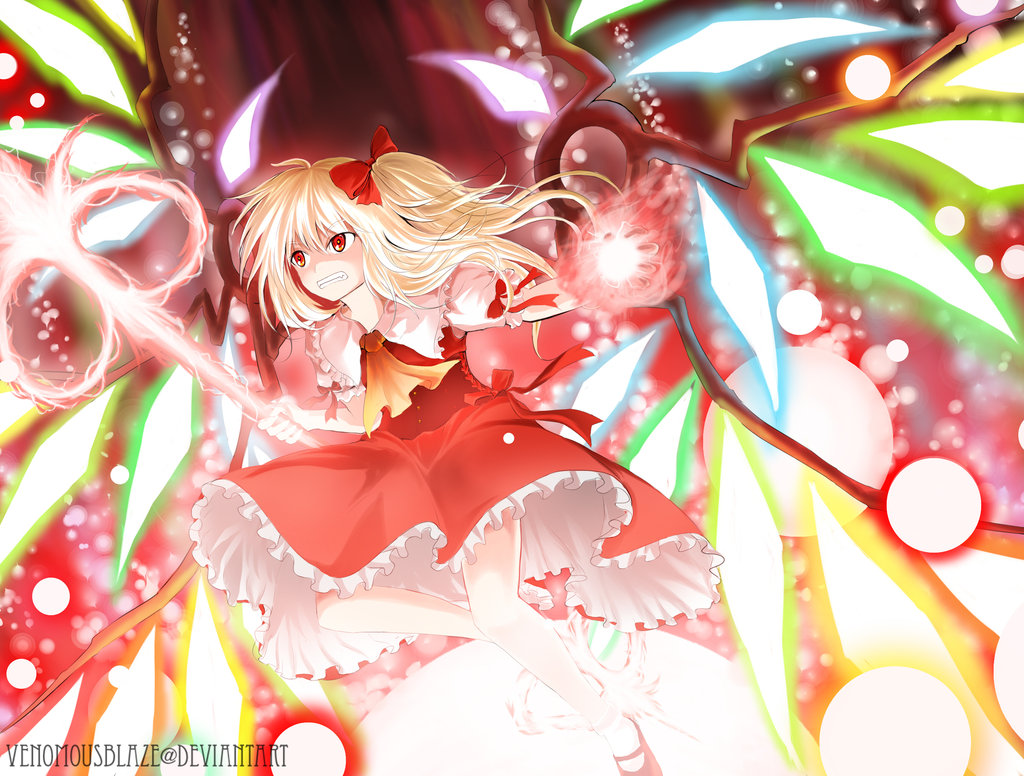 blonde_hair bow danmaku dress energy_ball energy_sword flandre_scarlet frilled_dress frills glowing glowing_weapon glowing_wings hair_bow laevatein long_hair mary_janes no_hat no_headwear red_dress red_eyes shoes solo sword touhou venomousblaze watermark weapon web_address wings