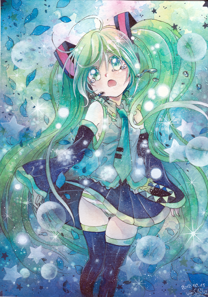 aqua_eyes aqua_hair dated detached_sleeves hatsune_miku long_hair mosho necktie open_mouth panties pantyshot signature skirt solo sparkle striped striped_panties tears thighhighs traditional_media twintails underwear very_long_hair vocaloid watercolor_(medium)