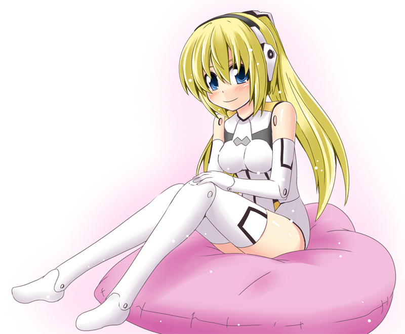android arnval bangs bare_shoulders blonde_hair blue_eyes blush boots breasts busou_shinki closed_mouth doll_joints from_side full_body hair_between_eyes hand_on_own_knee headphones ichimi leotard light_smile long_hair looking_at_viewer pillow sitting small_breasts smile solo thigh_boots thighhighs twintails white_background white_footwear white_legwear