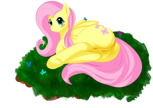 cutie_mark equine female feral fluttershy_(mlp) friendship_is_magic green_eyes hair looking_at_viewer mammal my_little_pony pegasus pink_hair presenting pussy simple-creature solo wings yellow_body