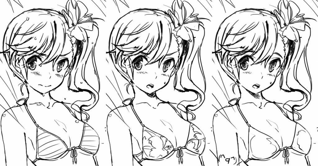 archellaura bad_id bad_pixiv_id bikini blush breasts cleavage collarbone expressions flower futami_mami greyscale hair_flower hair_ornament idolmaster idolmaster_(classic) looking_at_viewer medium_breasts monochrome open_mouth side_ponytail sketch swimsuit upper_body