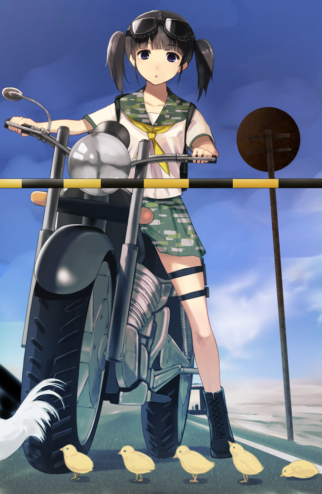 bird black_eyes black_hair boots camouflage chick day goggles goggles_on_head ground_vehicle hareno_chiame holding motor_vehicle motorcycle original school_uniform serafuku sign sitting skirt sky solo twintails