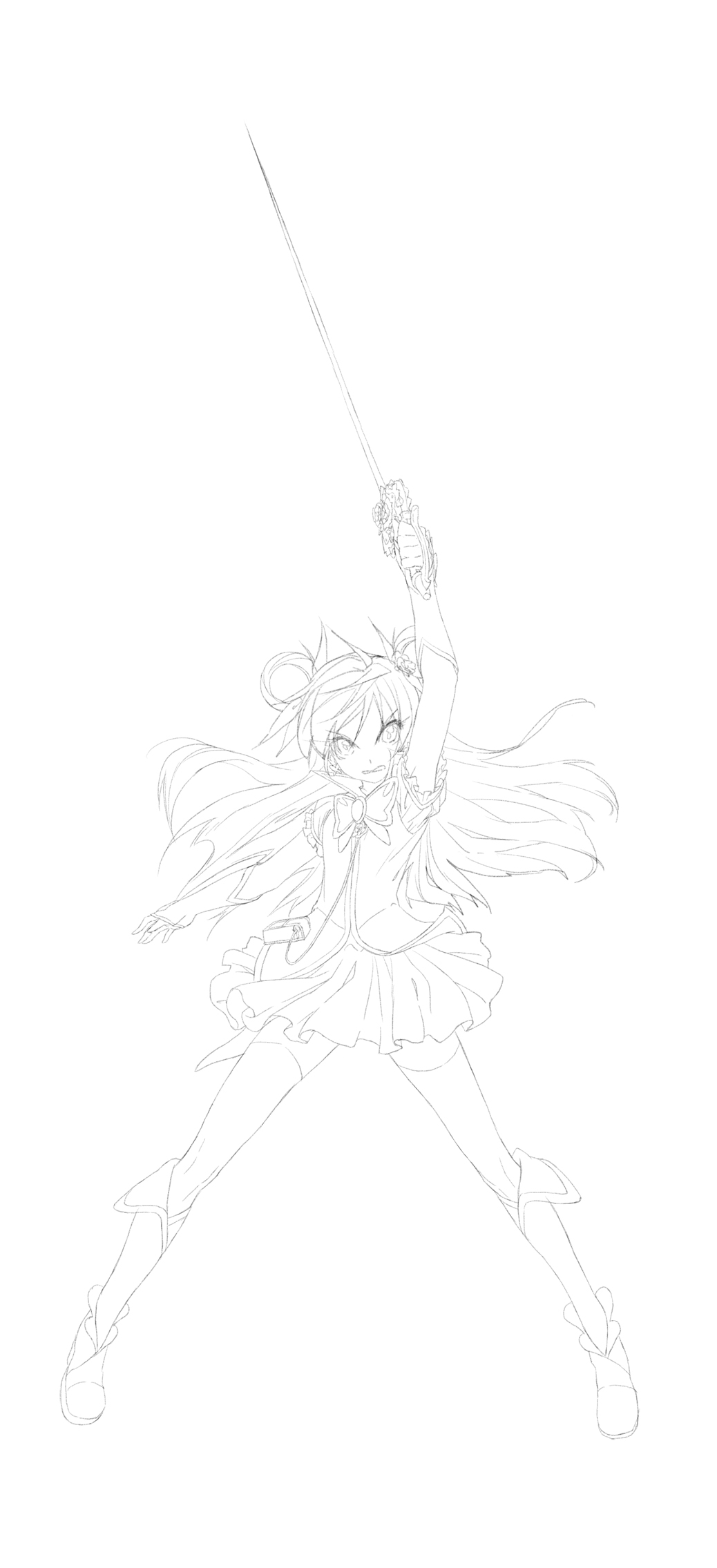 angry archellaura bad_id bad_pixiv_id cure_dream cure_fleuret greyscale highres lineart long_hair looking_at_viewer magical_girl monochrome precure skirt solo sword weapon yes!_precure_5 yumehara_nozomi
