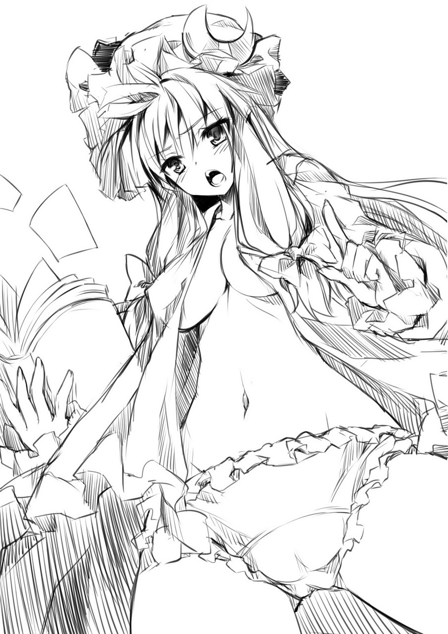 book bow breasts cleavage crescent from_below greyscale hair_bow hat highres index_finger_raised long_hair medium_breasts monochrome navel open_clothes open_mouth panties patchouli_knowledge pointing redcomet solo touhou underboob underwear