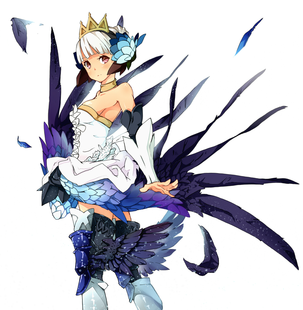 armor armored_dress bare_shoulders boots breasts choker crown detached_sleeves dress feathers gwendolyn hair_ornament looking_at_viewer medium_breasts mochi_hanpen odin_sphere purple_eyes short_hair solo strapless strapless_dress thighhighs valkyrie white_hair wings