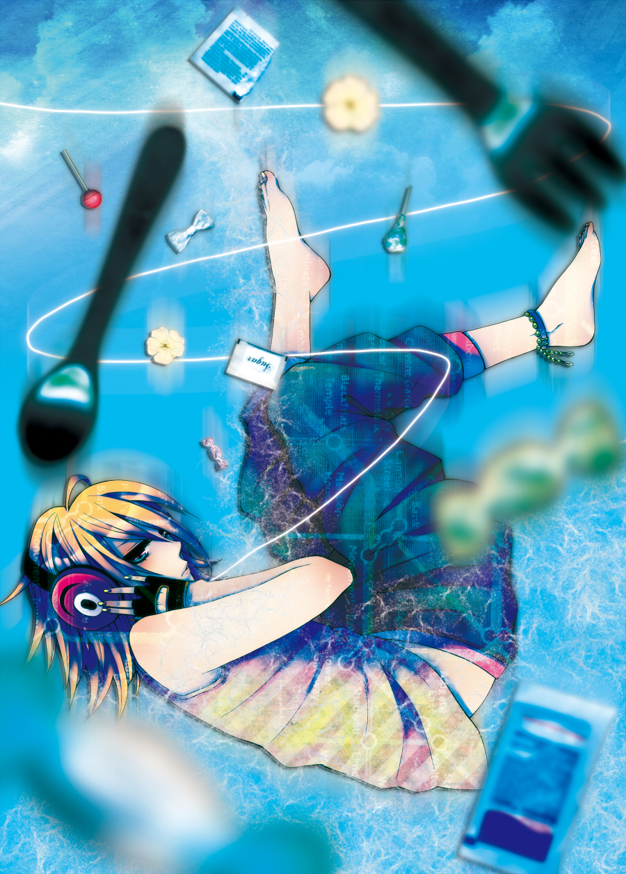 anklet barefoot blonde_hair blue_background blue_eyes candy capri_pants casual feet fingerless_gloves food gloves headphones highres jewelry kagamine_rin lying midriff nail_polish pants shock-berry tank_top toenail_polish vocaloid
