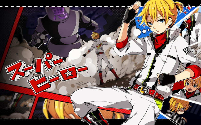 alternate_hairstyle arms_up belt black_footwear black_gloves blonde_hair boots clenched_hand copyright_name fingerless_gloves gloves hair_between_eyes hair_down halftone jacket kagamine_len looking_at_viewer male_focus multiple_persona number open_mouth pants parted_lips ponytail prison_clothes shaded_face short_ponytail smoke sparkle standing standing_on_one_leg star super_hero_(vocaloid) tama_(songe) teeth thought_bubble vocaloid