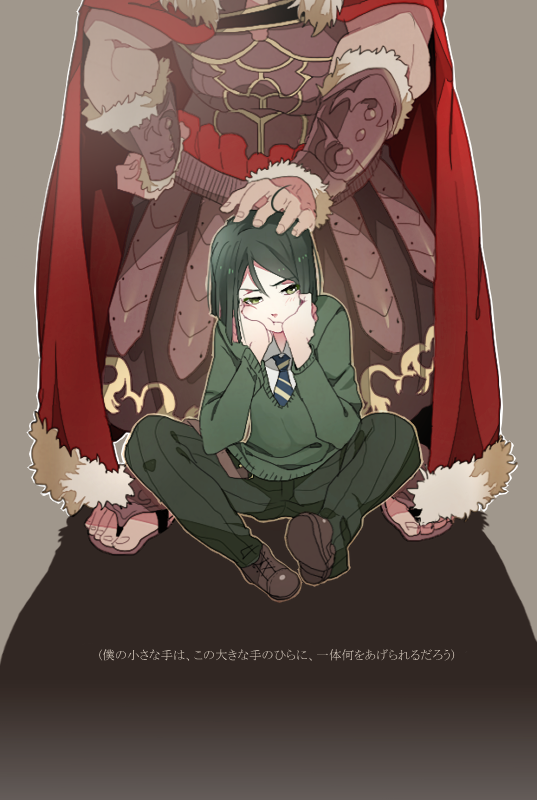armor bad_id bad_pixiv_id cape fate/zero fate_(series) green_eyes green_hair hair_tousle hand_in_hair male_focus multiple_boys necktie pout rider_(fate/zero) sandals size_difference takumi_(scya) vambraces waver_velvet