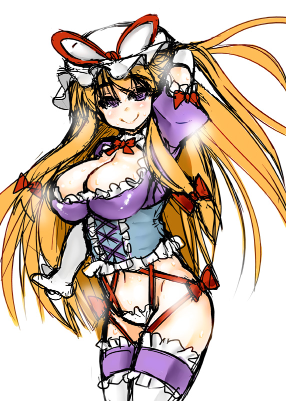 adapted_costume blonde_hair borrowed_design bow breasts cleavage elbow_gloves frills gloves hair_bow hat large_breasts long_hair mabuchoco_m navel purple_eyes ribbon sketch smile solo thighhighs touhou very_long_hair white_gloves white_legwear yakumo_yukari