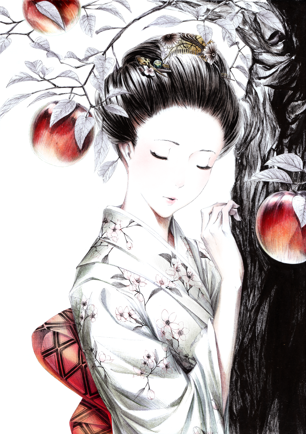 apple ballpoint_pen_(medium) black_hair cherry_blossoms closed_eyes floral_print food fruit hair_ornament hairpin highres japanese_clothes kimono md5_mismatch monochrome original resized solo sousou_(sousouworks) spot_color traditional_media tree upper_body white_skin