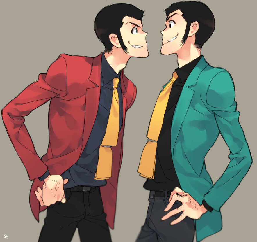 arsene_lupin_iii black_hair clone cowboy_shot dual_persona eye_contact face-to-face formal green_jacket grey_background grin hand_on_hip jacket looking_at_another lupin_iii male_focus multiple_boys necktie red_jacket short_hair sideburns smile suit toujou_sakana yellow_neckwear