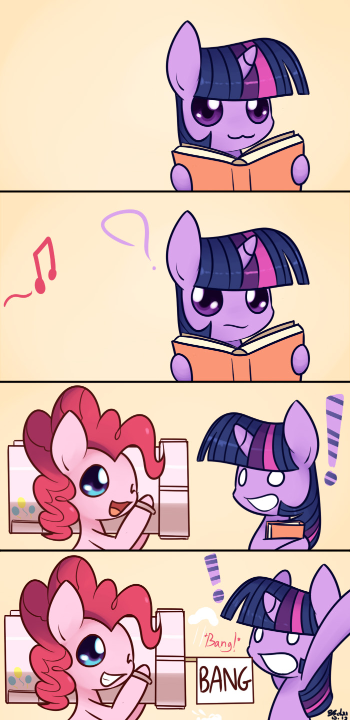 ? bazooka blue_eyes book comic duo english_text equine female feral friendship_is_magic horn horse mammal my_little_pony pinkie_pie_(mlp) pony purple_eyes ranged_weapon rocket_launcher sign smile solar-slash text twilight_sparkle_(mlp) unicorn weapon young