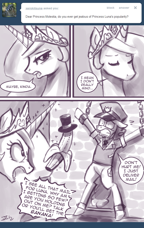 banana bottomless captured clothed clothing comic crown cutie_mark dialog dialogue duo english_text equine female feral friendship_is_magic fruit hair half-dressed hat horn horse john_joseco levitation magic mailman male mammal monochrome my_little_pony pony princess princess_celestia_(mlp) royalty signature text tiara top_hat tumblr winged_unicorn wings