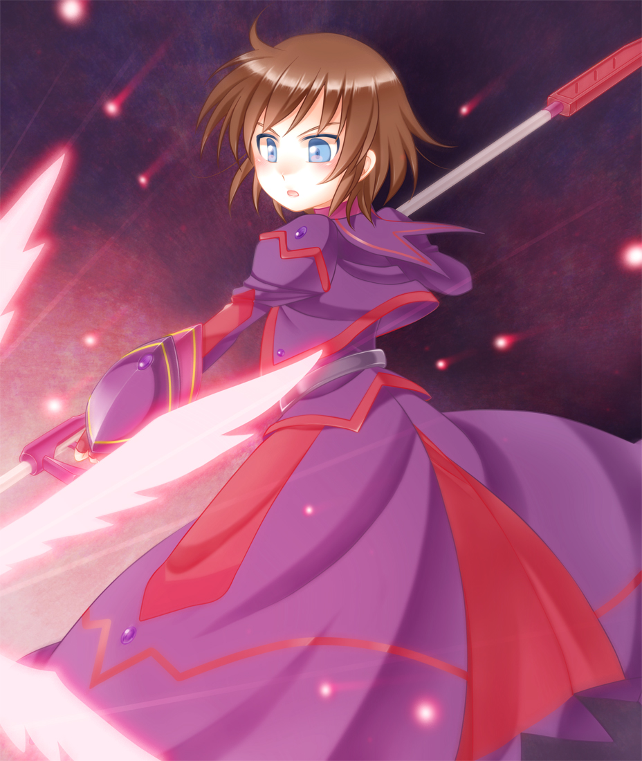 blue_eyes brown_hair dress fingerless_gloves gloves long_sleeves luciferion lyrical_nanoha magical_girl mahou_shoujo_lyrical_nanoha mahou_shoujo_lyrical_nanoha_a's mahou_shoujo_lyrical_nanoha_a's_portable:_the_battle_of_aces material-s open_mouth puchopucho puffy_sleeves short_hair solo wings