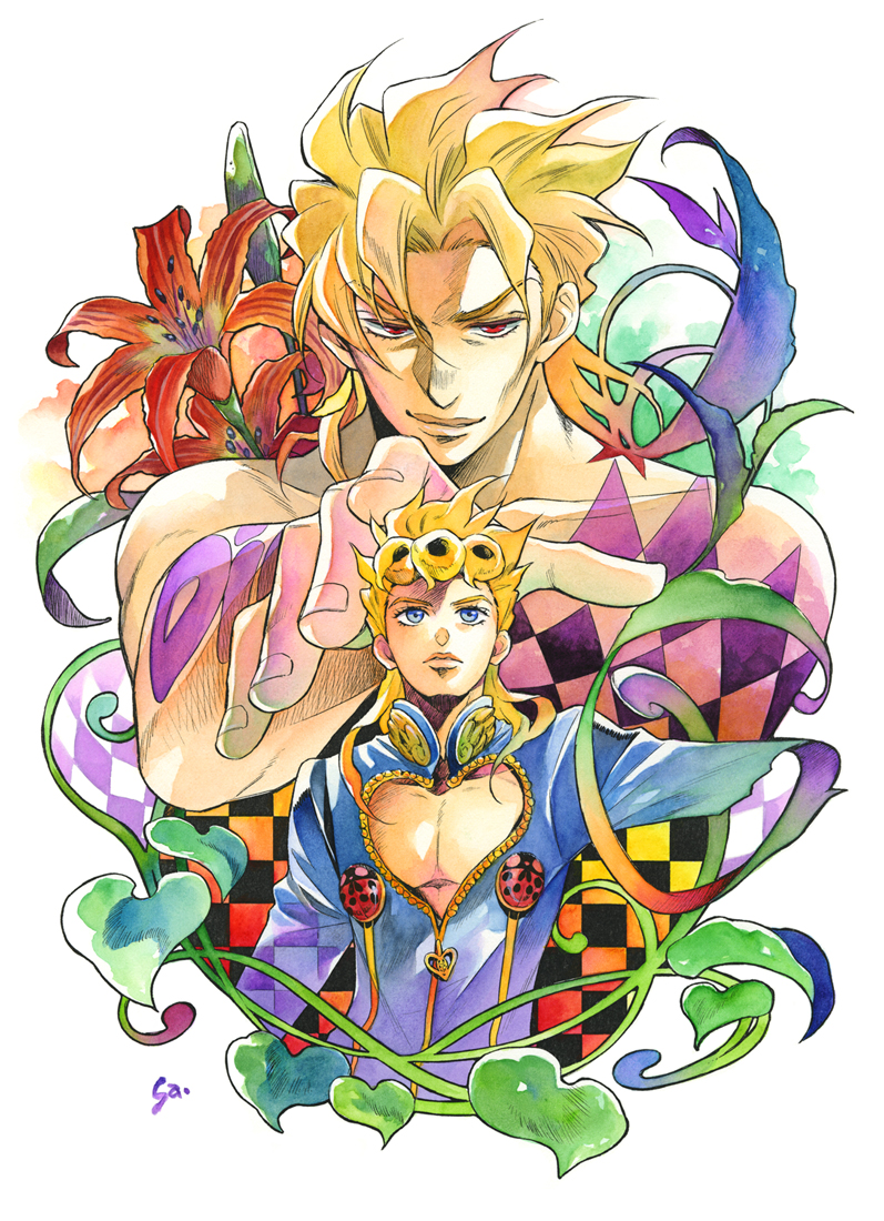 bad_id bad_pixiv_id blonde_hair blue_eyes bug cleavage_cutout dio_brando giorno_giovanna insect jojo_no_kimyou_na_bouken ladybug multiple_boys parted_lips plant red_eyes saya_999 short_hair topless vines