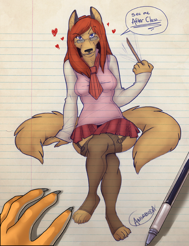 angrboda breasts canine colored dialog dialogue disembodied_hand drawing female first_person_view fox hand intrusive_thoughts intrusive_toughts looking_at_viewer mammal pencil sketch skirt solo teacher text