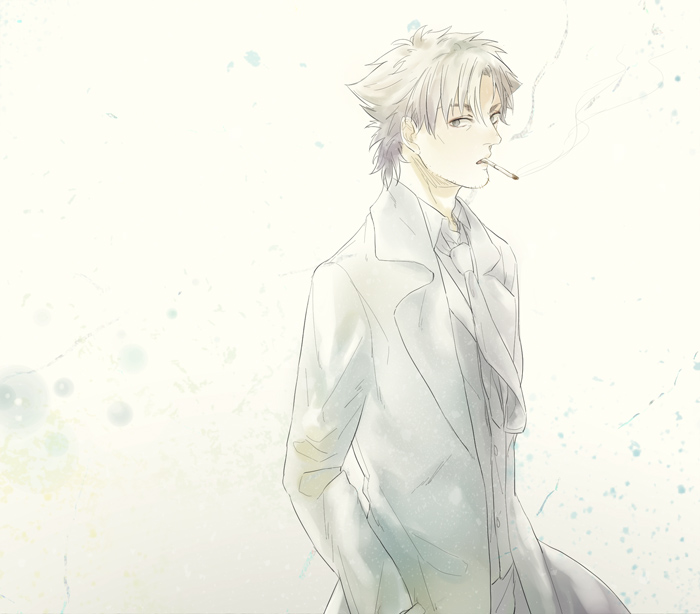 black_eyes black_hair cigarette emiya_kiritsugu facial_hair fate/zero fate_(series) male_focus mmm_(xbit) solo stubble