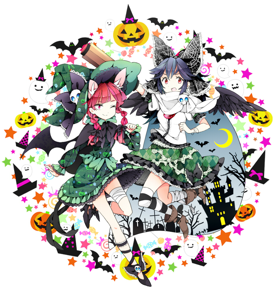 animal_ears arm_cannon bad_id bad_pixiv_id bandages bat black_hair boots bow braid candy castle cat_ears cat_tail crescent_moon cross dress extra_ears food ghost hair_bow halloween hat jack-o'-lantern kaenbyou_rin lollipop miy moon multiple_girls one_eye_closed red_eyes red_hair reiuji_utsuho single_thighhigh skirt smile striped striped_legwear tail thighhighs tombstone touhou twin_braids weapon witch_hat