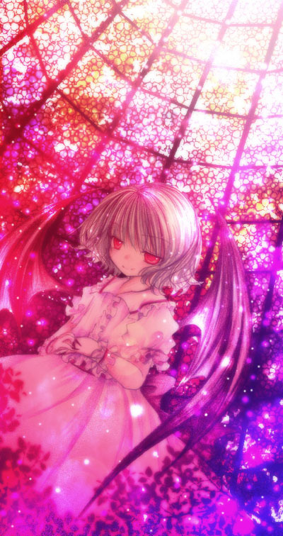 bat_wings collar cowboy_shot dress flower frills from_below glass kasuga_sunao puffy_short_sleeves puffy_sleeves red_eyes remilia_scarlet short_hair short_sleeves silver_hair solo sunlight touhou white_dress window wings