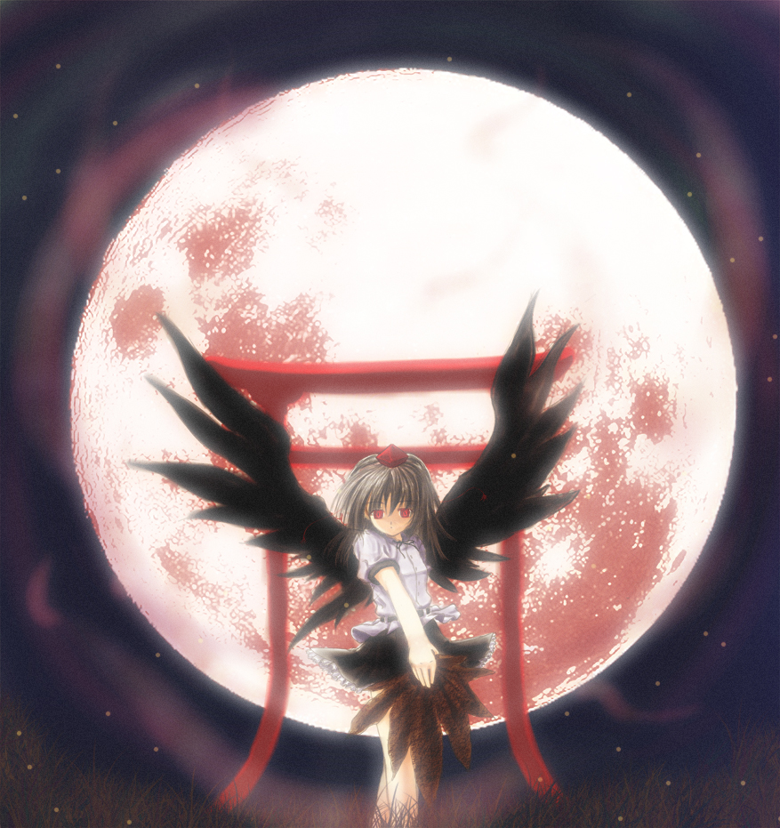 black_hair black_wings haon looking_at_viewer moon shameimaru_aya skirt solo torii touhou wings