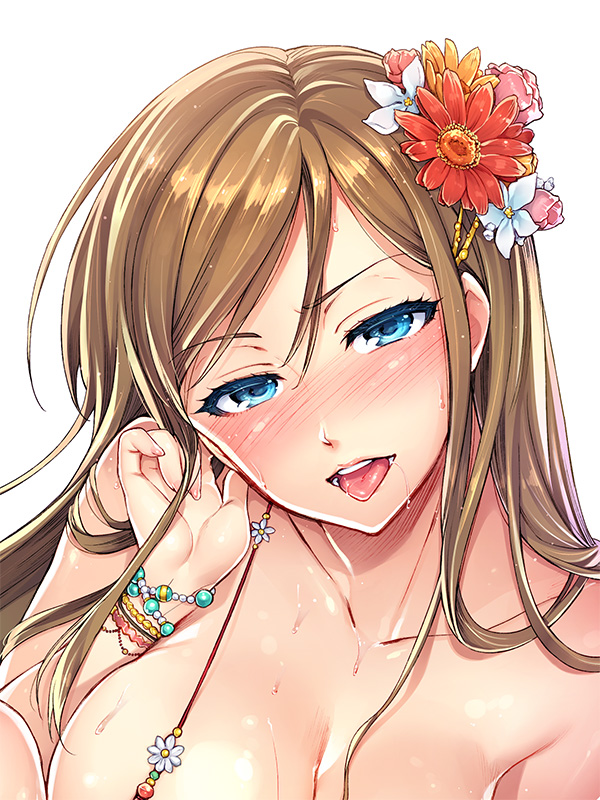 blush breasts brown_hair cropped flower hair_flower hair_ornament jewelry large_breasts long_hair looking_at_viewer open_mouth original redrop saliva solo sweat