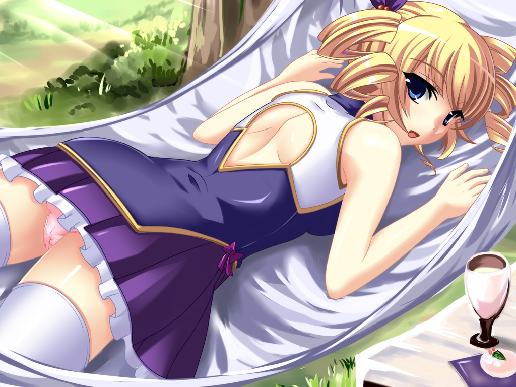 back_cutout blonde_hair blue_eyes drill_hair koihime_musou looking_back lying on_stomach open_mouth panties pink_panties shin_koihime_musou solo sousou underwear yagami_(mukage)