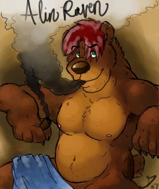 alinraven bear biceps brown brown_fur chubby cigar claws english_text eyes fur gay green_eyes grizzly hair invalid_color looking_at_viewer male mammal muscles nipples nude paws pecs red red_hair smoke smoking solo text